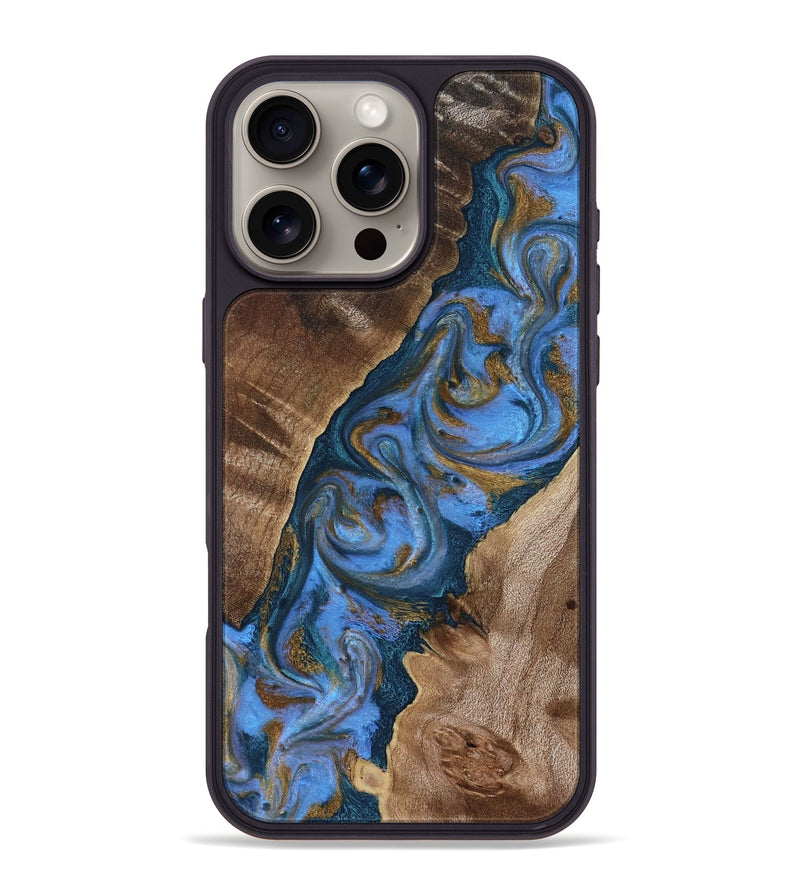 iPhone 16 Pro Max Wood Phone Case - Diann (Teal & Gold, 819101)