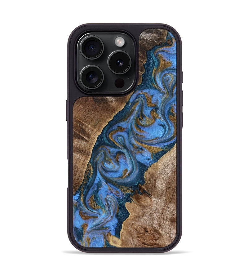iPhone 16 Pro Wood Phone Case - Diann (Teal & Gold, 819101)