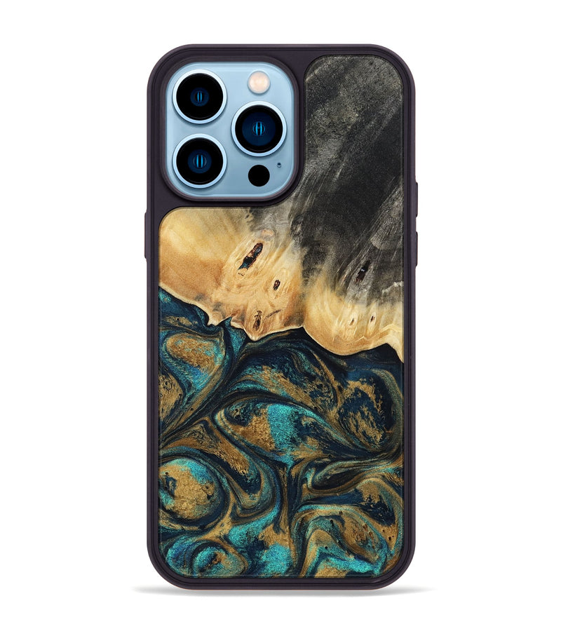 iPhone 14 Pro Max Wood Phone Case - Agnes (Teal & Gold, 819175)