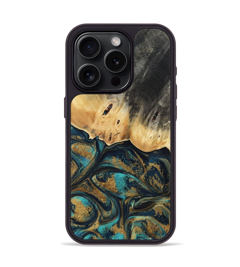 iPhone 15 Pro Wood Phone Case - Agnes (Teal & Gold, 819175)