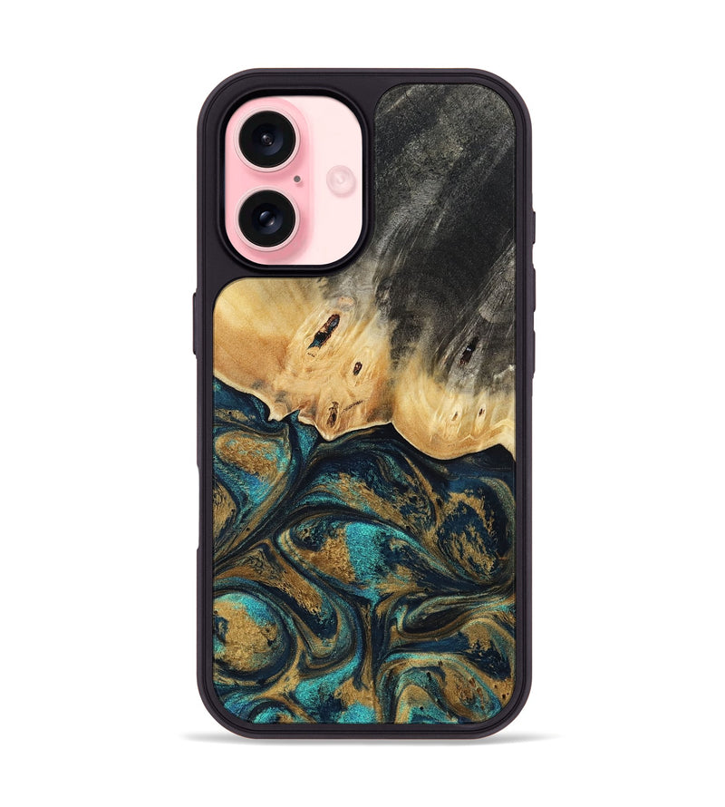 iPhone 16 Wood Phone Case - Agnes (Teal & Gold, 819175)