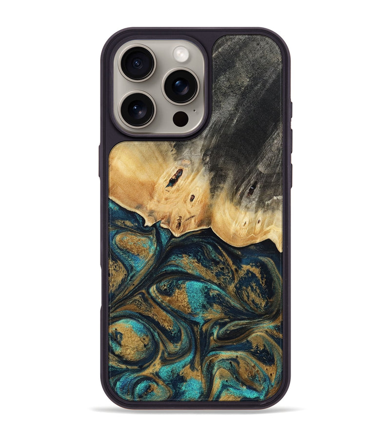 iPhone 16 Pro Max Wood Phone Case - Agnes (Teal & Gold, 819175)