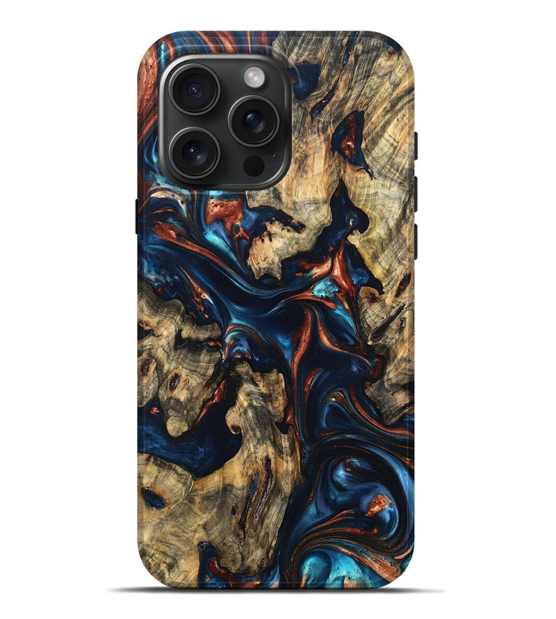 iPhone 16 Pro Max Wood Live Edge Phone Case - Rowland (Teal & Gold, 819229)