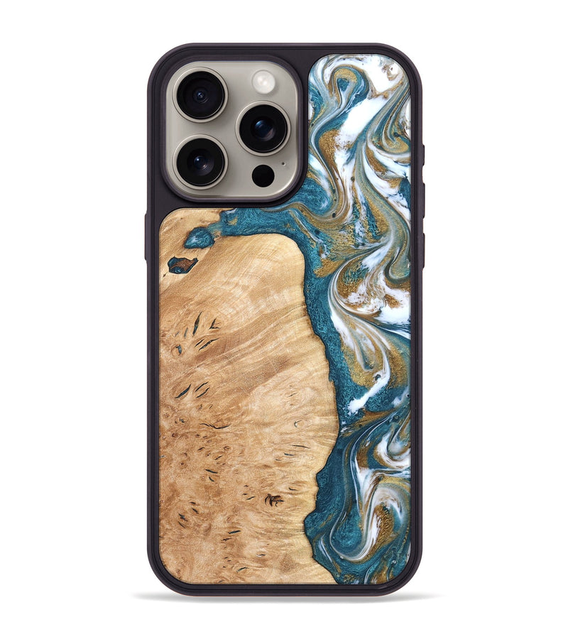 iPhone 15 Pro Max Wood Phone Case - Maegan (Teal & Gold, 819273)
