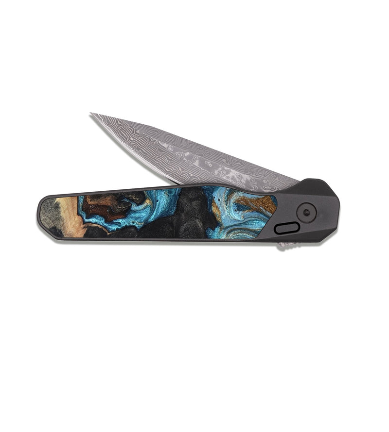 EDC Dark Damascus Wood Pocket Knife - Alden (Teal & Gold, 819355)