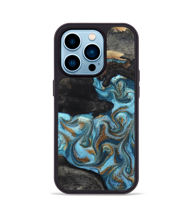 iPhone 14 Pro Wood Phone Case - Alden (Teal & Gold, 819355)