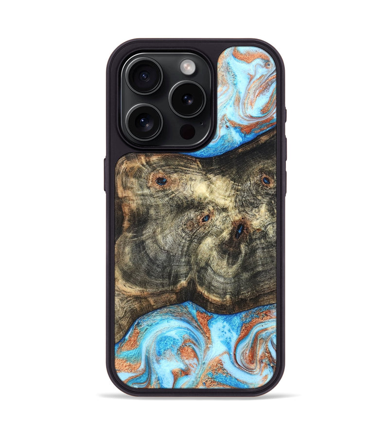 iPhone 15 Pro Wood Phone Case - Meagan (Teal & Gold, 819356)