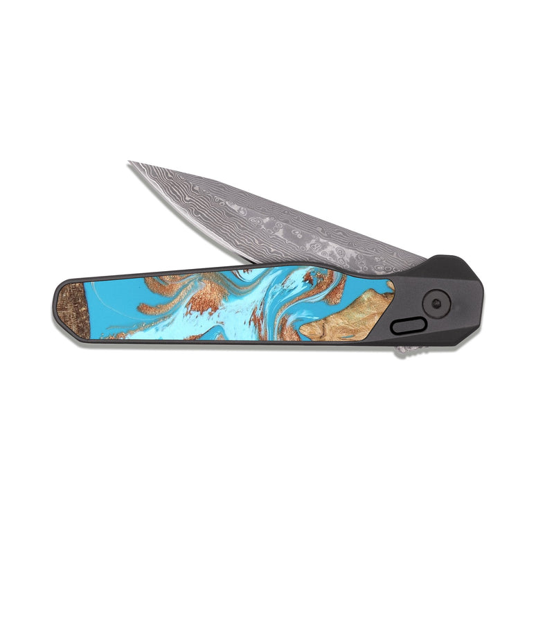 EDC Dark Damascus Wood Pocket Knife - Nico (Teal & Gold, 819542)