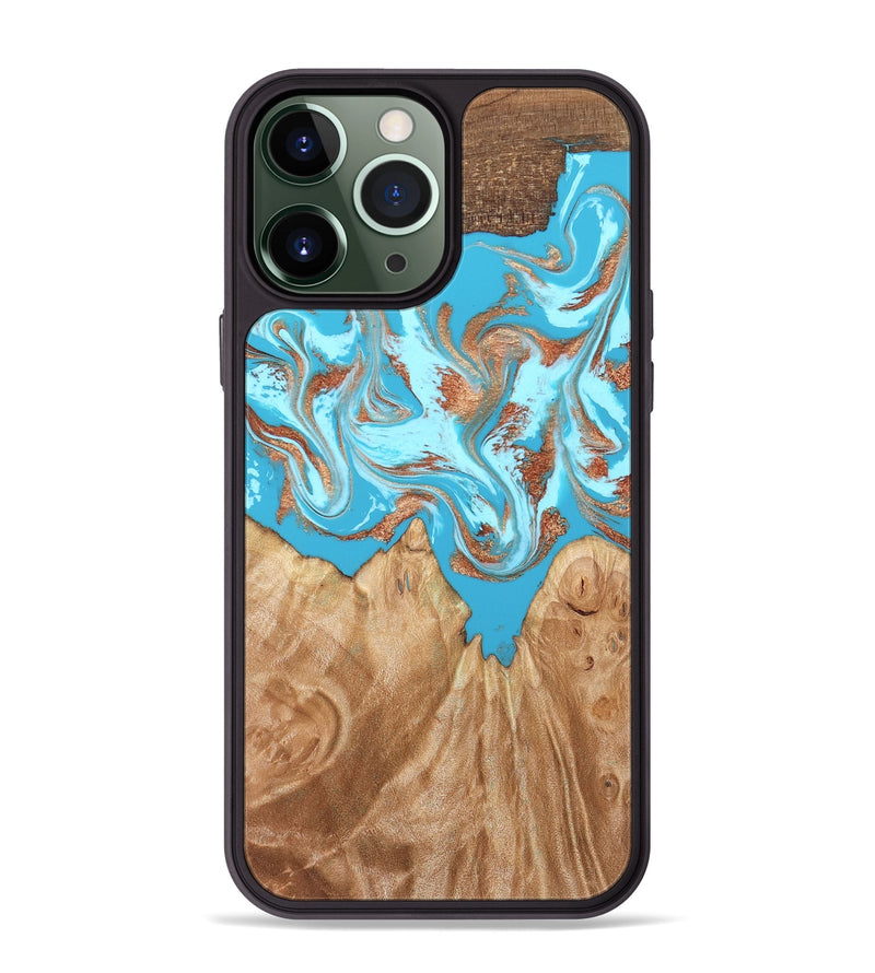 iPhone 13 Pro Max Wood Phone Case - Nico (Teal & Gold, 819542)