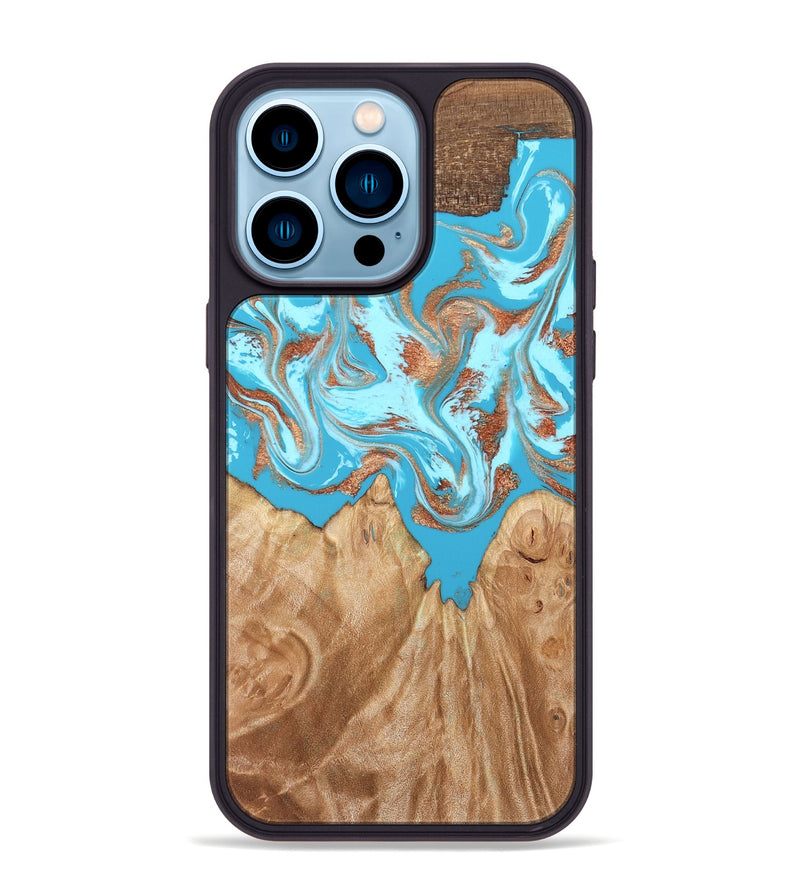 iPhone 14 Pro Max Wood Phone Case - Nico (Teal & Gold, 819542)