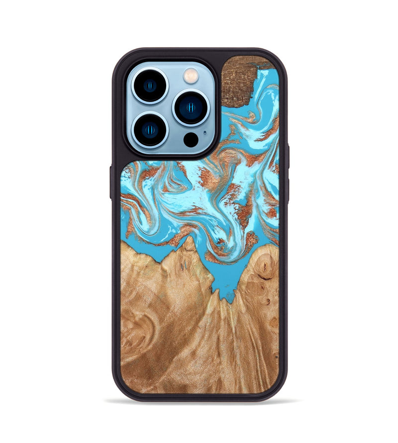 iPhone 14 Pro Wood Phone Case - Nico (Teal & Gold, 819542)