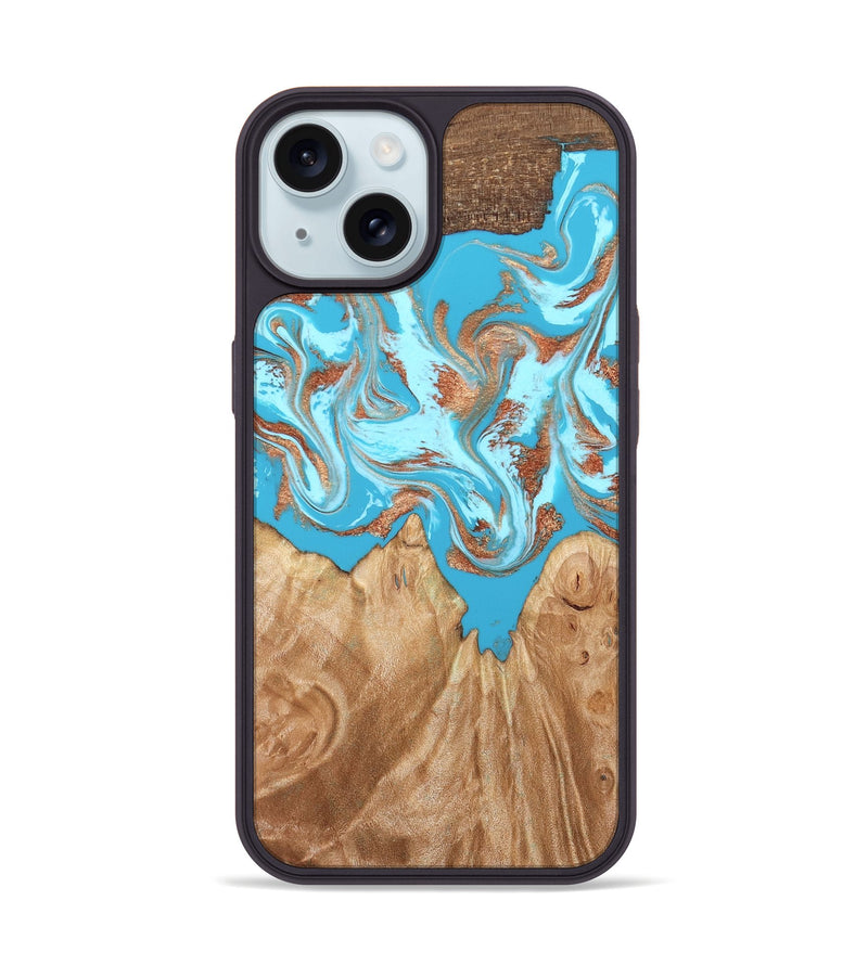iPhone 15 Wood Phone Case - Nico (Teal & Gold, 819542)