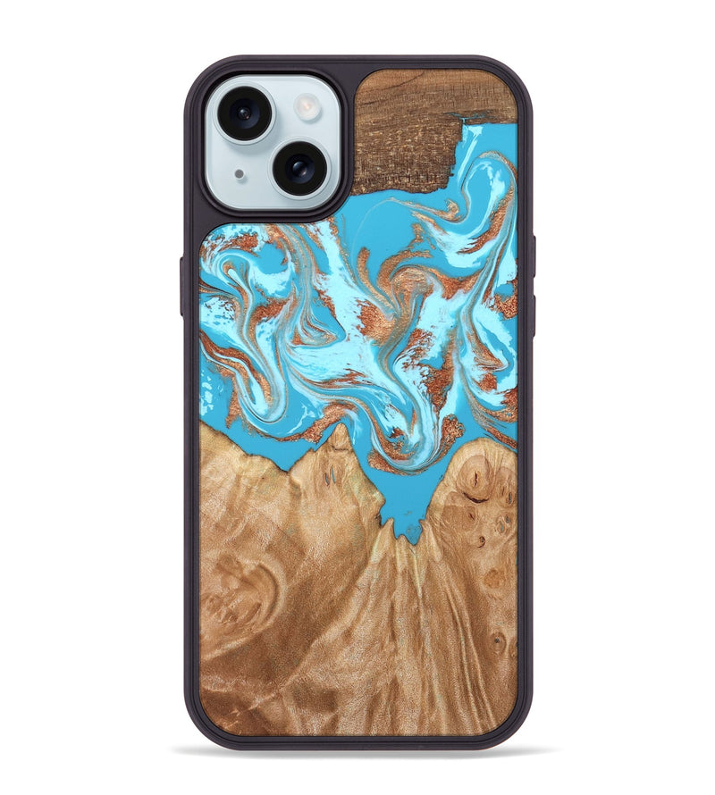 iPhone 15 Plus Wood Phone Case - Nico (Teal & Gold, 819542)