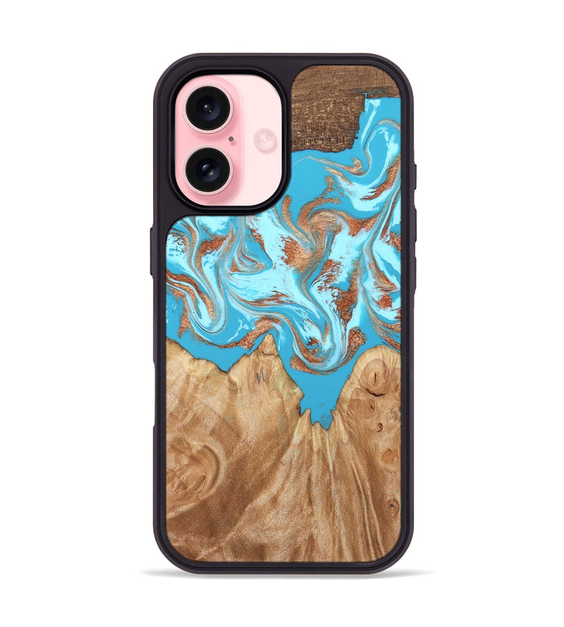 iPhone 16 Wood Phone Case - Nico (Teal & Gold, 819542)