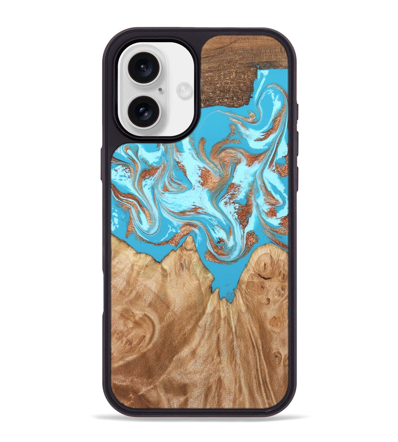 iPhone 16 Plus Wood Phone Case - Nico (Teal & Gold, 819542)