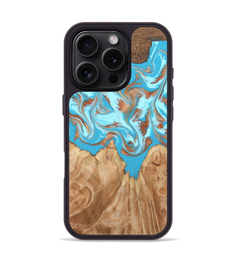iPhone 16 Pro Wood Phone Case - Nico (Teal & Gold, 819542)