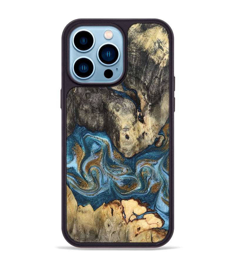 iPhone 14 Pro Max Wood Phone Case - Saylor (Teal & Gold, 819544)
