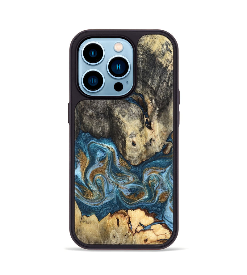iPhone 14 Pro Wood Phone Case - Saylor (Teal & Gold, 819544)