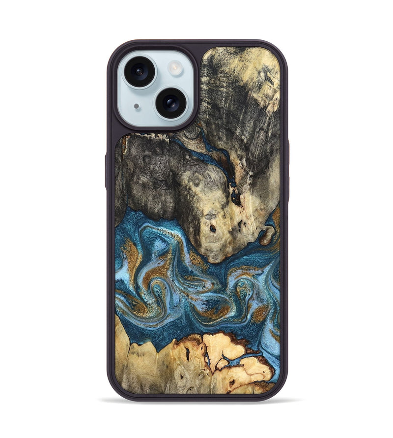 iPhone 15 Wood Phone Case - Saylor (Teal & Gold, 819544)