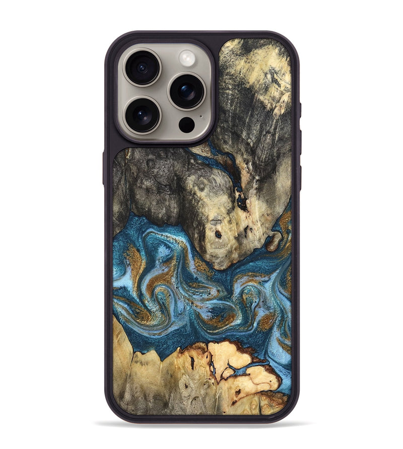 iPhone 15 Pro Max Wood Phone Case - Saylor (Teal & Gold, 819544)