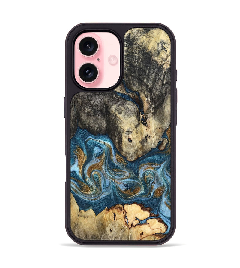 iPhone 16 Wood Phone Case - Saylor (Teal & Gold, 819544)