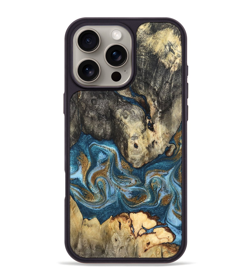 iPhone 16 Pro Max Wood Phone Case - Saylor (Teal & Gold, 819544)