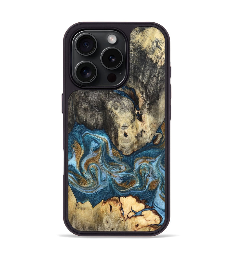 iPhone 16 Pro Wood Phone Case - Saylor (Teal & Gold, 819544)
