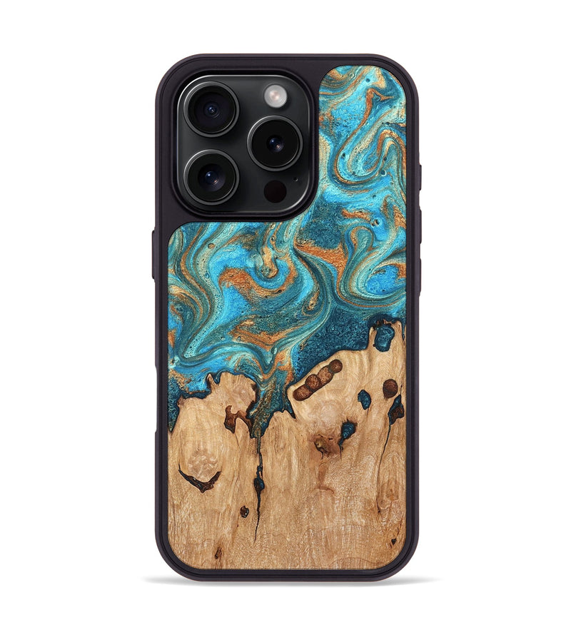iPhone 16 Pro Wood Phone Case - Helene (Teal & Gold, 819578)
