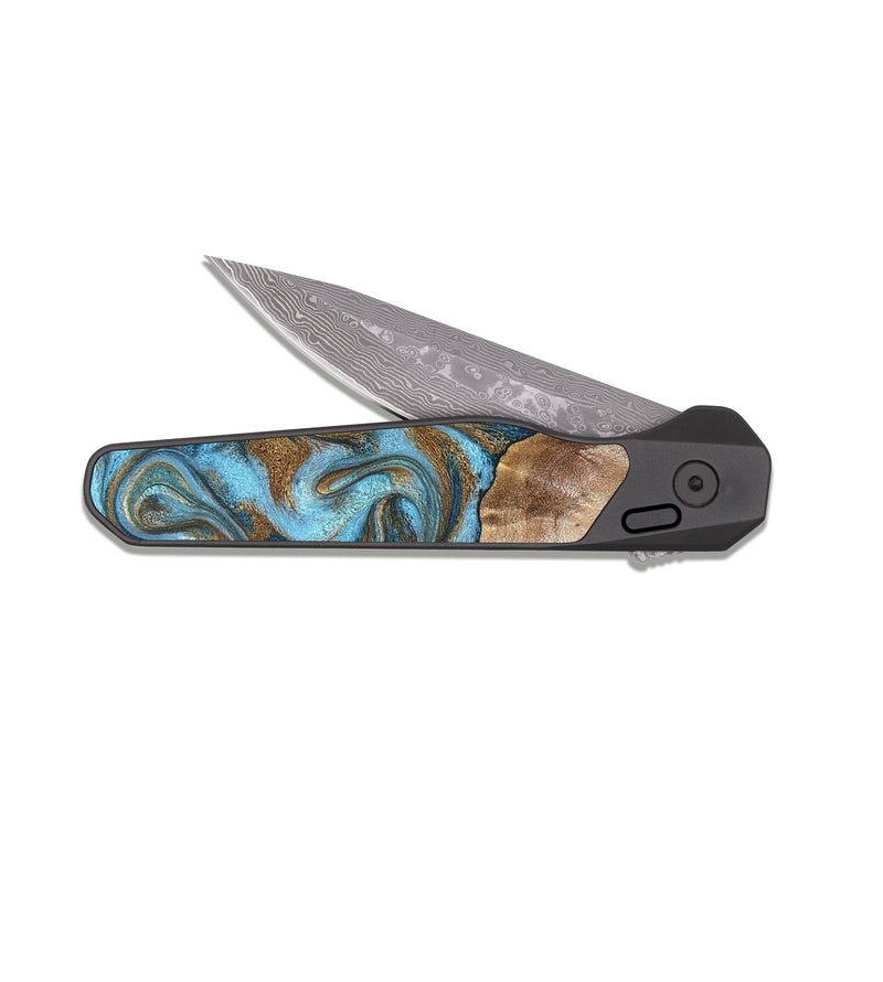 EDC Dark Damascus Wood Pocket Knife - Kinley (Teal & Gold, 819581)