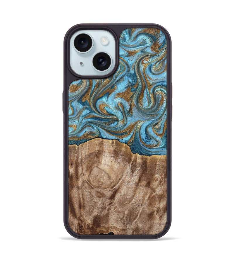 iPhone 15 Wood Phone Case - Kinley (Teal & Gold, 819581)