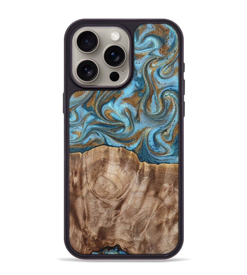 iPhone 15 Pro Max Wood Phone Case - Kinley (Teal & Gold, 819581)