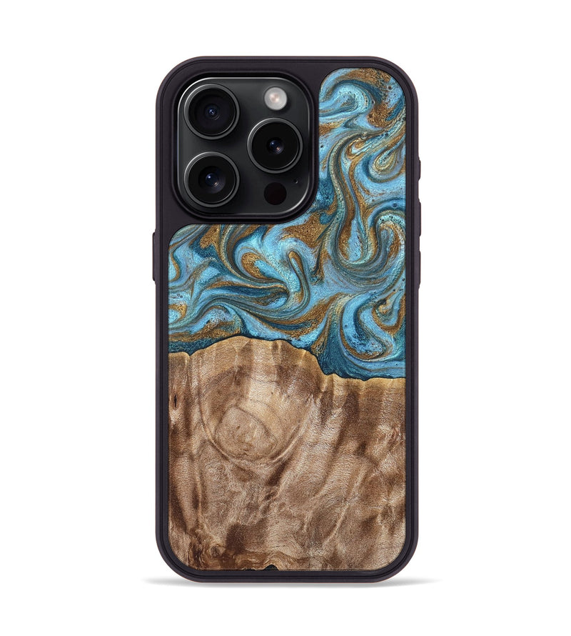 iPhone 15 Pro Wood Phone Case - Kinley (Teal & Gold, 819581)
