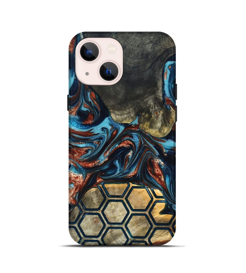 iPhone 13 mini Wood Live Edge Phone Case - Shari (Teal & Gold, 819595)