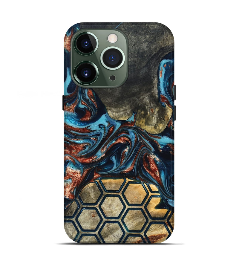 iPhone 13 Pro Wood Live Edge Phone Case - Shari (Teal & Gold, 819595)