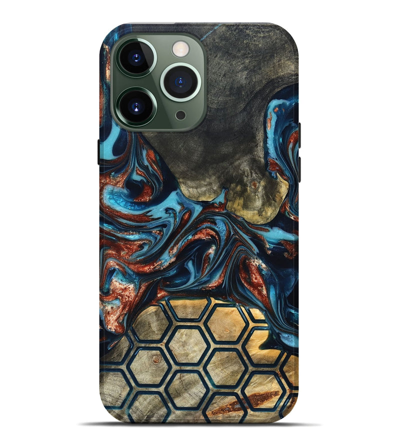 iPhone 13 Pro Max Wood Live Edge Phone Case - Shari (Teal & Gold, 819595)
