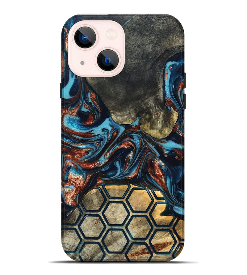 iPhone 14 Plus Wood Live Edge Phone Case - Shari (Teal & Gold, 819595)