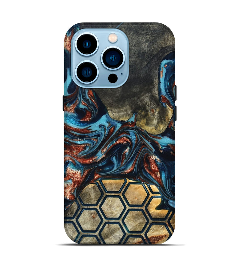 iPhone 14 Pro Wood Live Edge Phone Case - Shari (Teal & Gold, 819595)