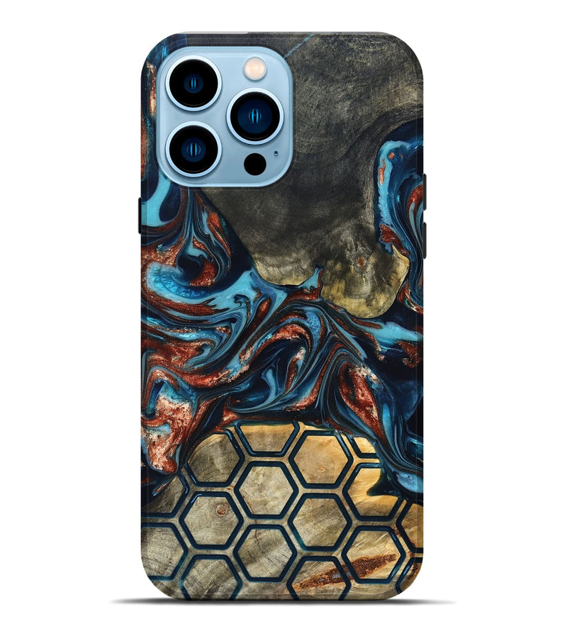 iPhone 14 Pro Max Wood Live Edge Phone Case - Shari (Teal & Gold, 819595)