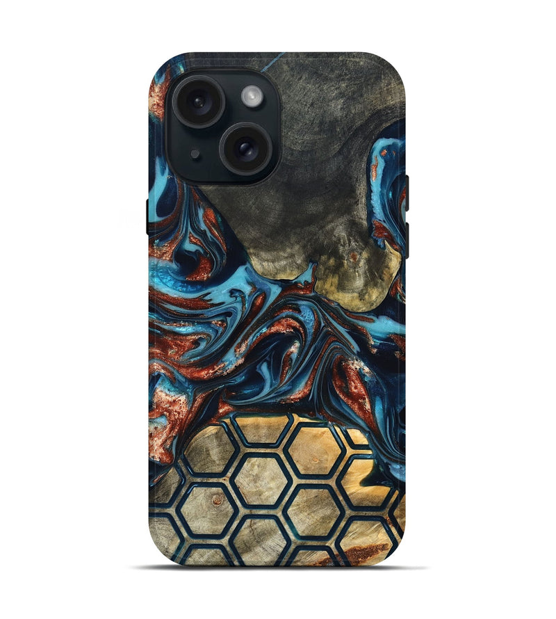 iPhone 15 Wood Live Edge Phone Case - Shari (Teal & Gold, 819595)