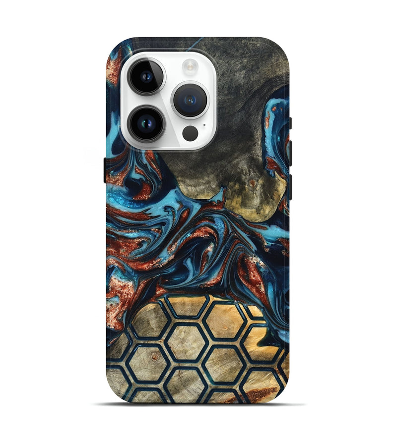 iPhone 15 Pro Wood Live Edge Phone Case - Shari (Teal & Gold, 819595)
