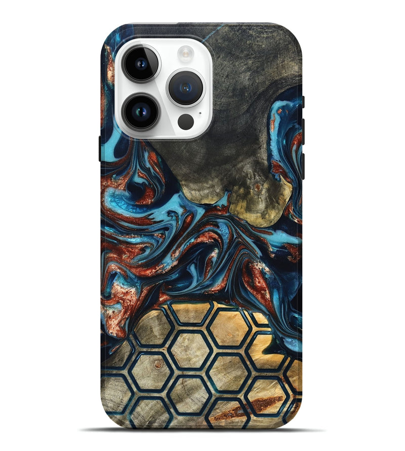 iPhone 15 Pro Max Wood Live Edge Phone Case - Shari (Teal & Gold, 819595)
