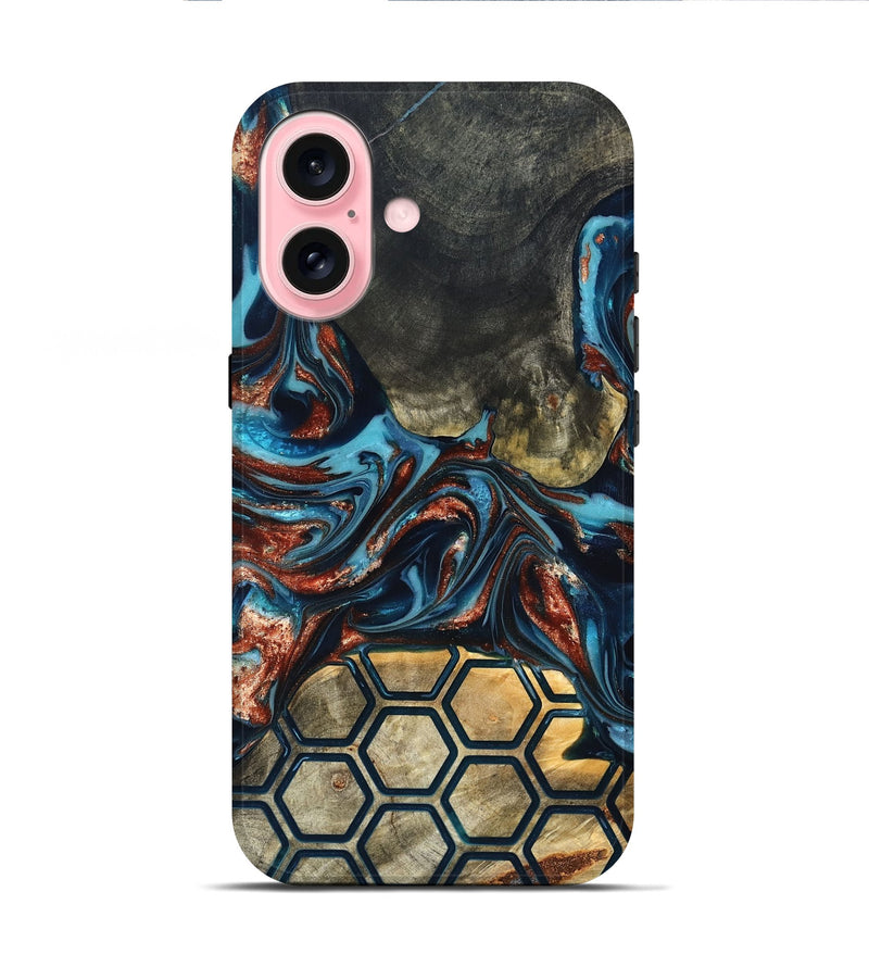 iPhone 16 Wood Live Edge Phone Case - Shari (Teal & Gold, 819595)