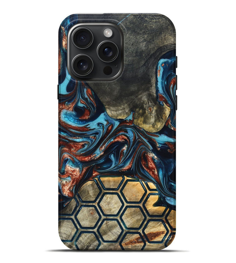 iPhone 16 Pro Max Wood Live Edge Phone Case - Shari (Teal & Gold, 819595)