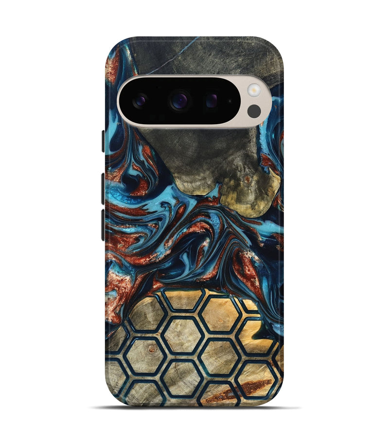 Pixel 10 Pro Wood Live Edge Phone Case - Shari (Teal & Gold, 819595)