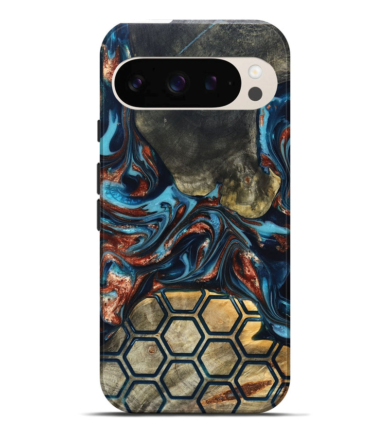 Pixel 10 Pro XL Wood Live Edge Phone Case - Shari (Teal & Gold, 819595)