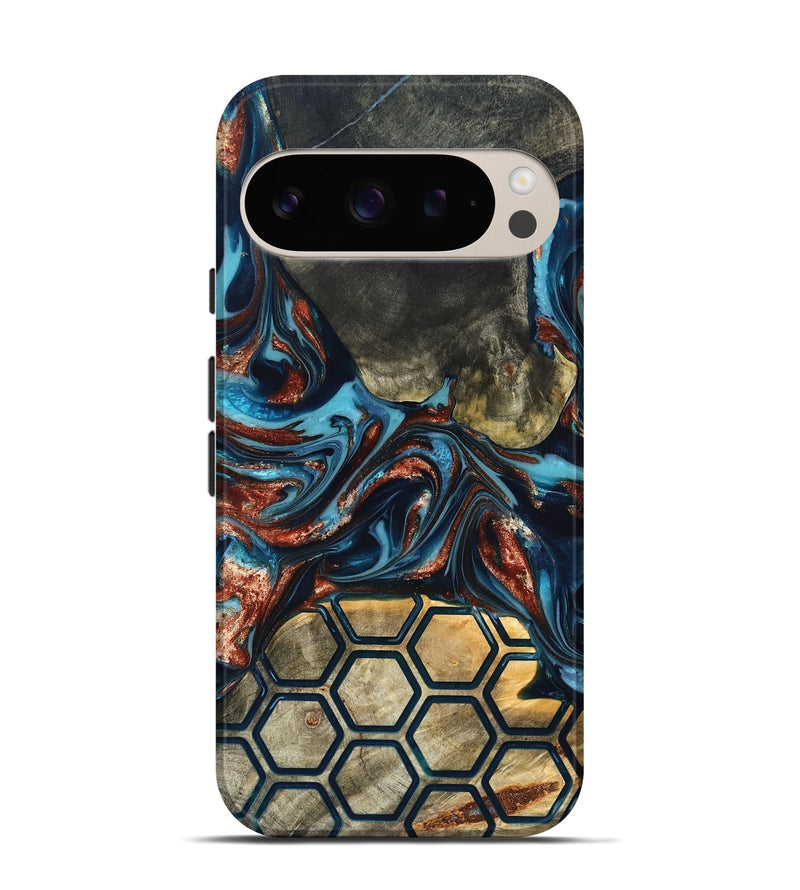 Pixel 9 Pro Wood Live Edge Phone Case - Shari (Teal & Gold, 819595)