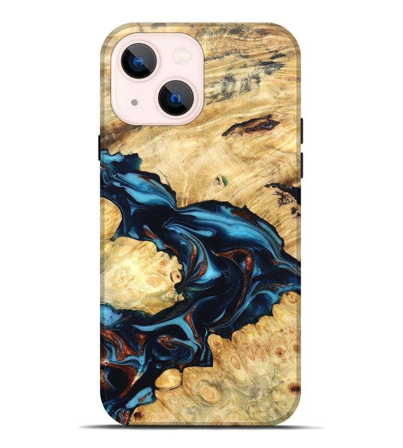 iPhone 14 Plus Wood Live Edge Phone Case - West (Teal & Gold, 819601)