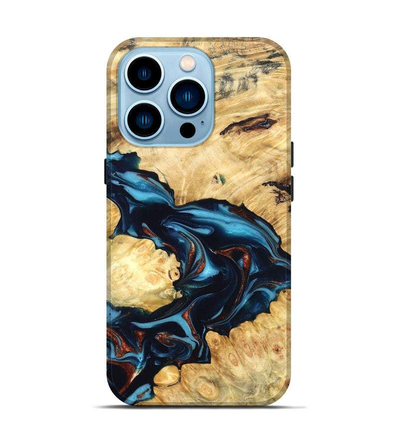 iPhone 14 Pro Wood Live Edge Phone Case - West (Teal & Gold, 819601)