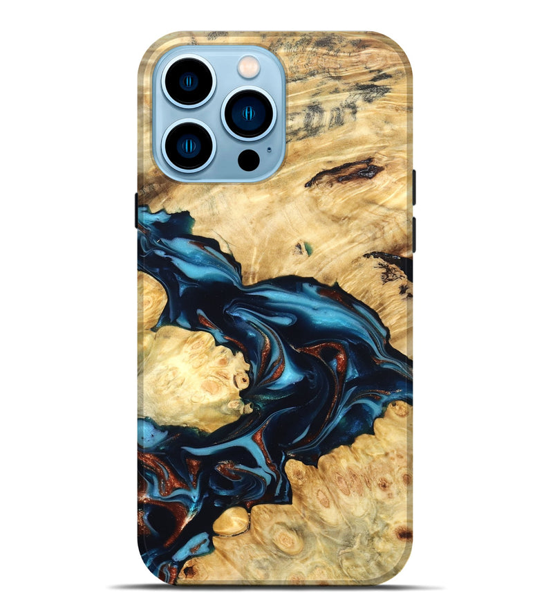 iPhone 14 Pro Max Wood Live Edge Phone Case - West (Teal & Gold, 819601)