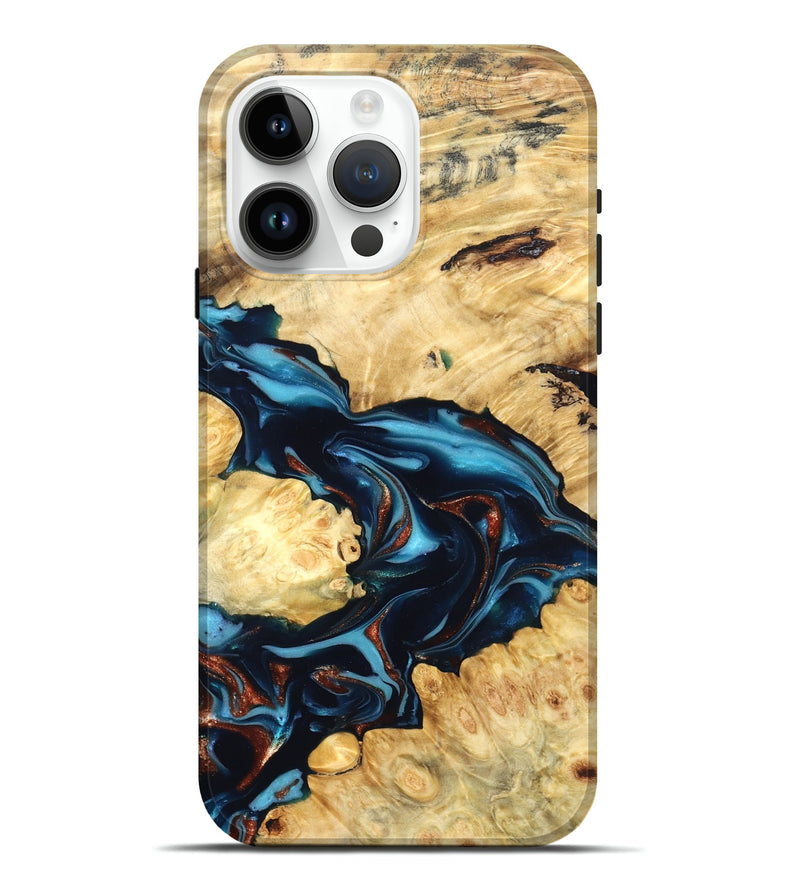 iPhone 15 Pro Max Wood Live Edge Phone Case - West (Teal & Gold, 819601)
